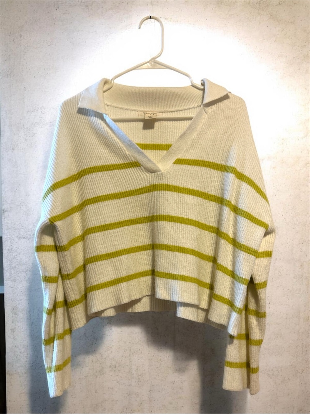 Jessica Simpson White and Lime Green Striped V-Neck Sweater